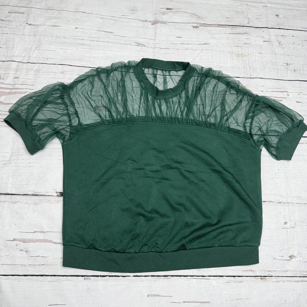 NWT PrettyGarden Mesh Puff Sleeve Top Emerald Green L Clean Girl Trend